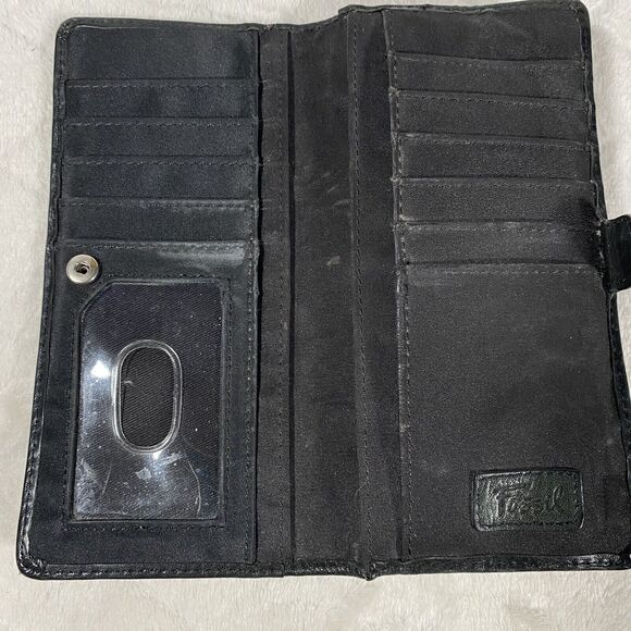 FOSSIL Black Pebbled Leather Wallet Studded Flower Long Bi-fold Boho Pockets - Picture 4 of 9